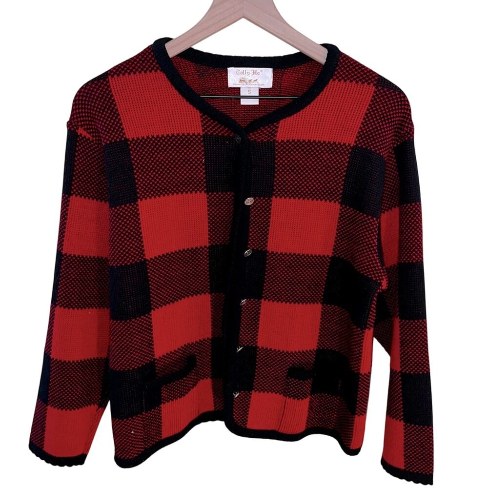 VNTG TALLY HO wool buffalo plaid cardigan w gold button grandma core S